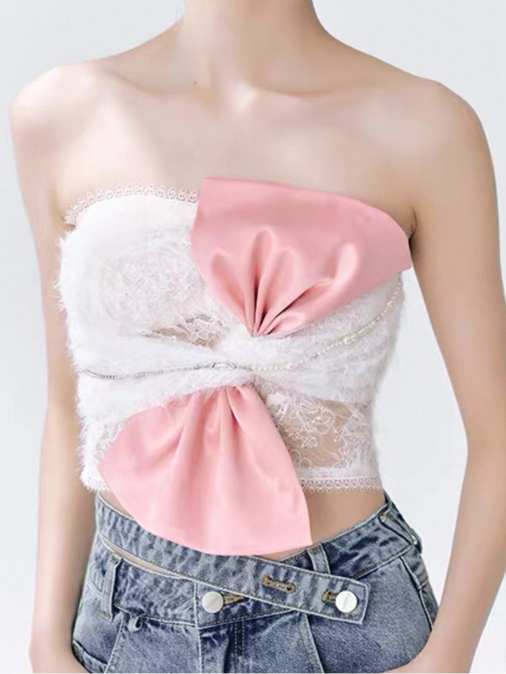 White Lace Tube Top with Pink Bow and Faux Pearl and Diamond Chain